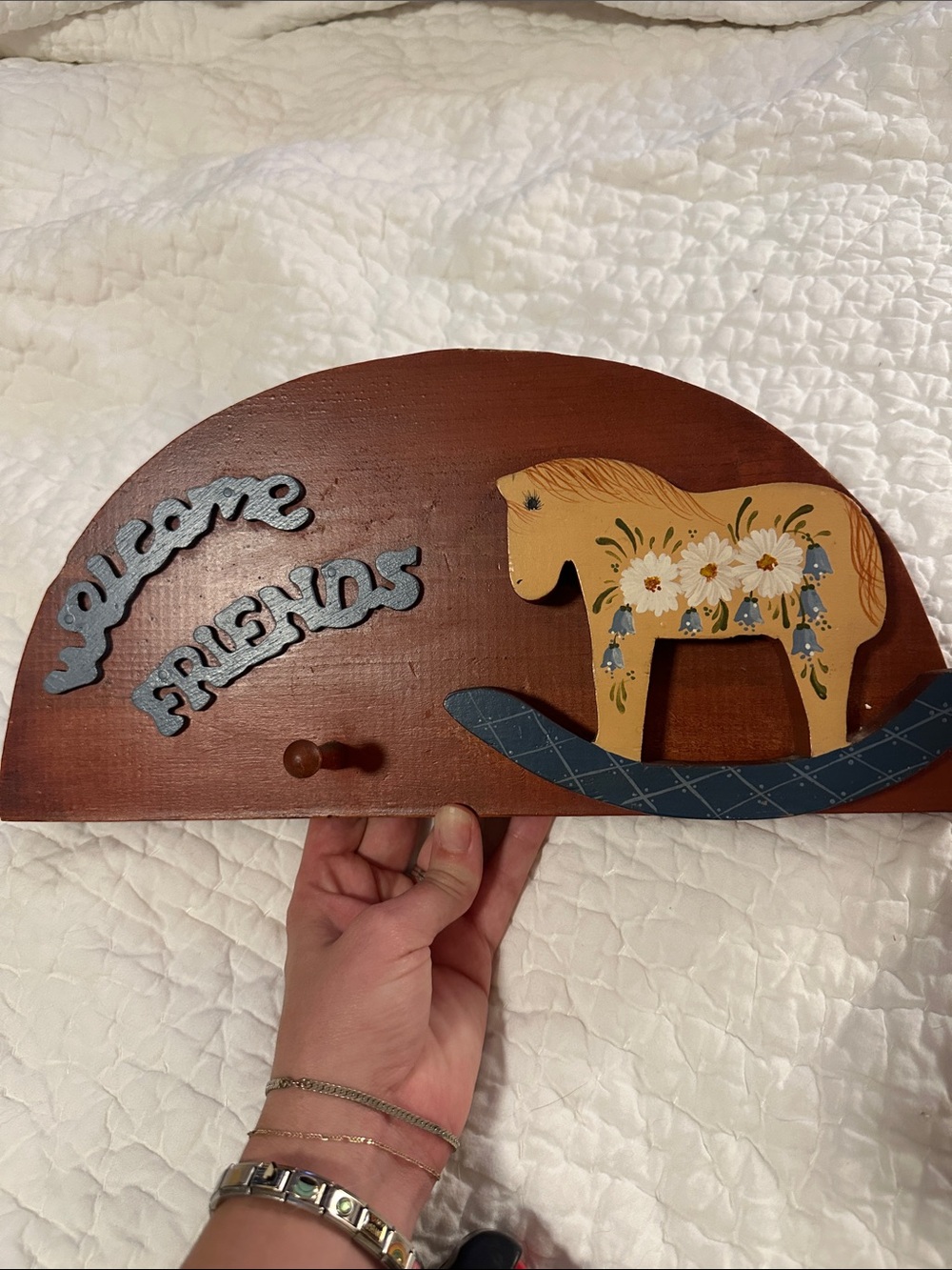 Welcome Friends Wooden Wall Hook - Yellow Horse Design